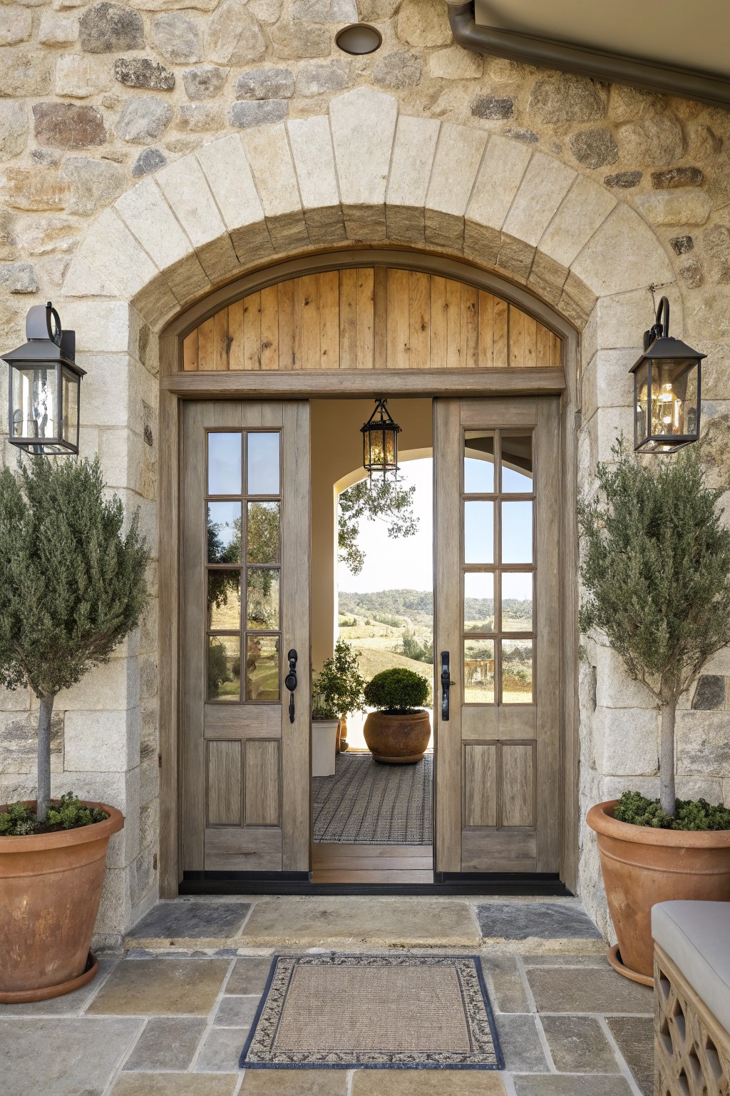 A stone house facade with a large arched entryway holding wooden double doors, flanked by potted shrubs and black metal lanterns on either side.