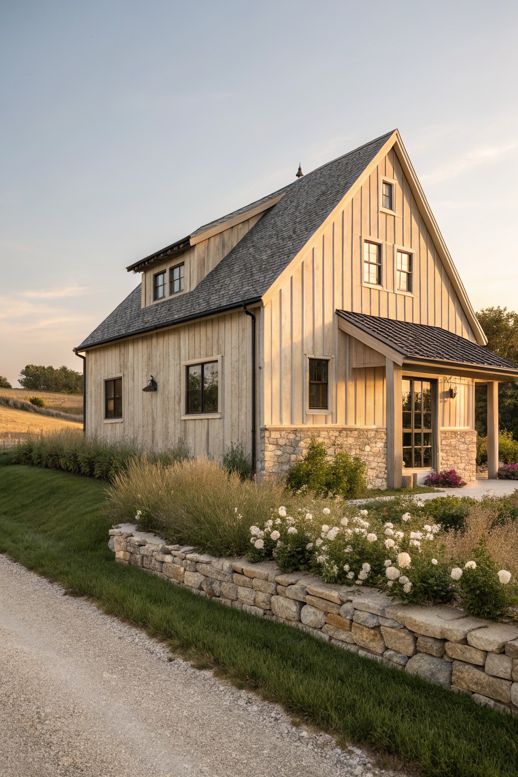 A two-story farmhouse with light wood siding over a stone foundation, a dark shingled roof, and a small covered porch with stone accents.