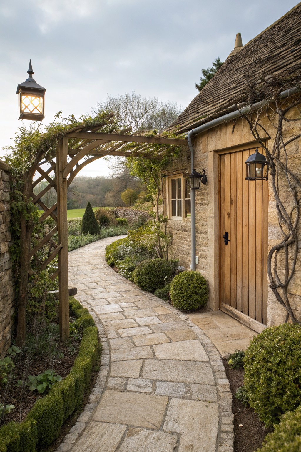 A winding stone pathway leads to the wooden front door of a stone cottage, passing under a wooden arbor with climbing plants and flanked by lanterns.