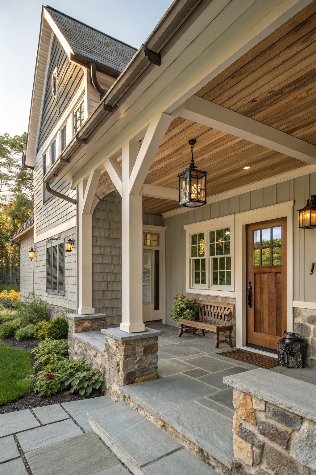 A farmhouse front porch with stone piers supporting white columns, a wooden ceiling, a wooden front door, and a wooden bench beside the windows.