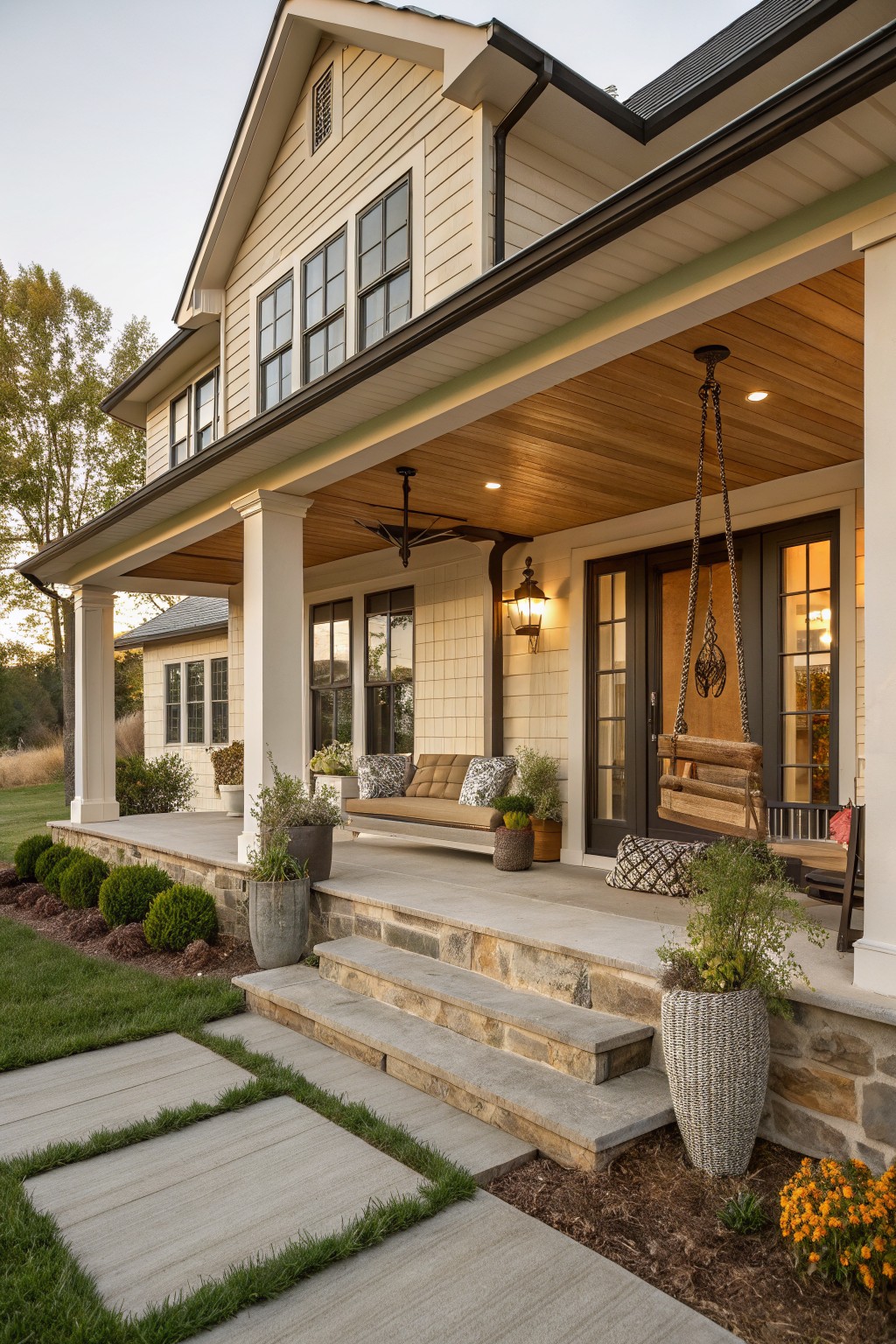 A front view of a two-story farmhouse with beige siding, a covered porch supported by white columns, a wooden ceiling, stone steps and foundation, a hanging wooden swing, and potted plants along the entrance.