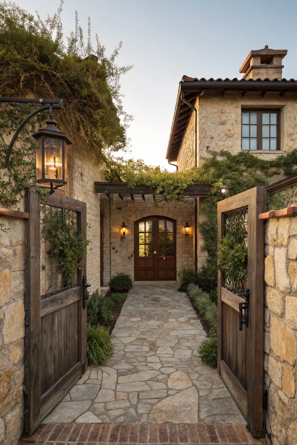 Stone pathway leads through open wooden gates to lantern-lit house entrance