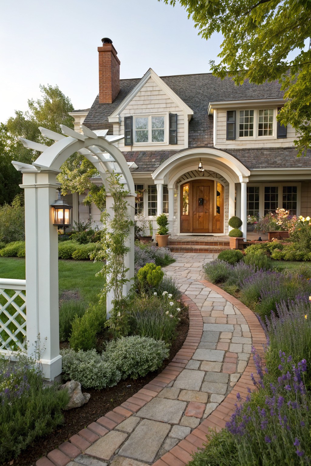 A farmhouse exterior with white siding, a brick-bordered stone path curving toward a wooden front door under an arched portico, and a white arbor on the left side of the path surrounded by garden beds.