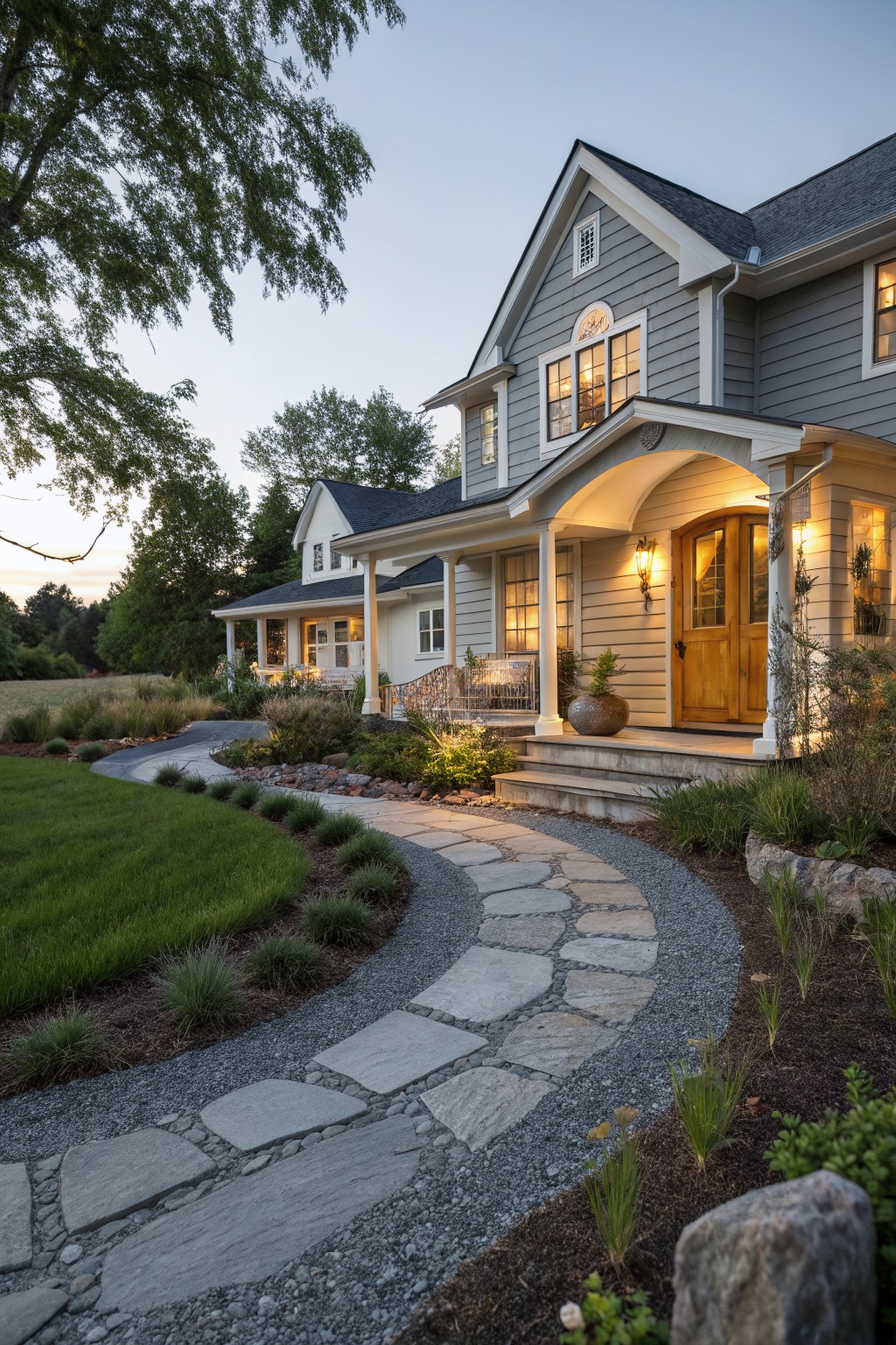 A two-story gray farmhouse with white trim shows an arched front porch entry with a wooden door, lit sconces, and a curving stone pathway leading to the steps.