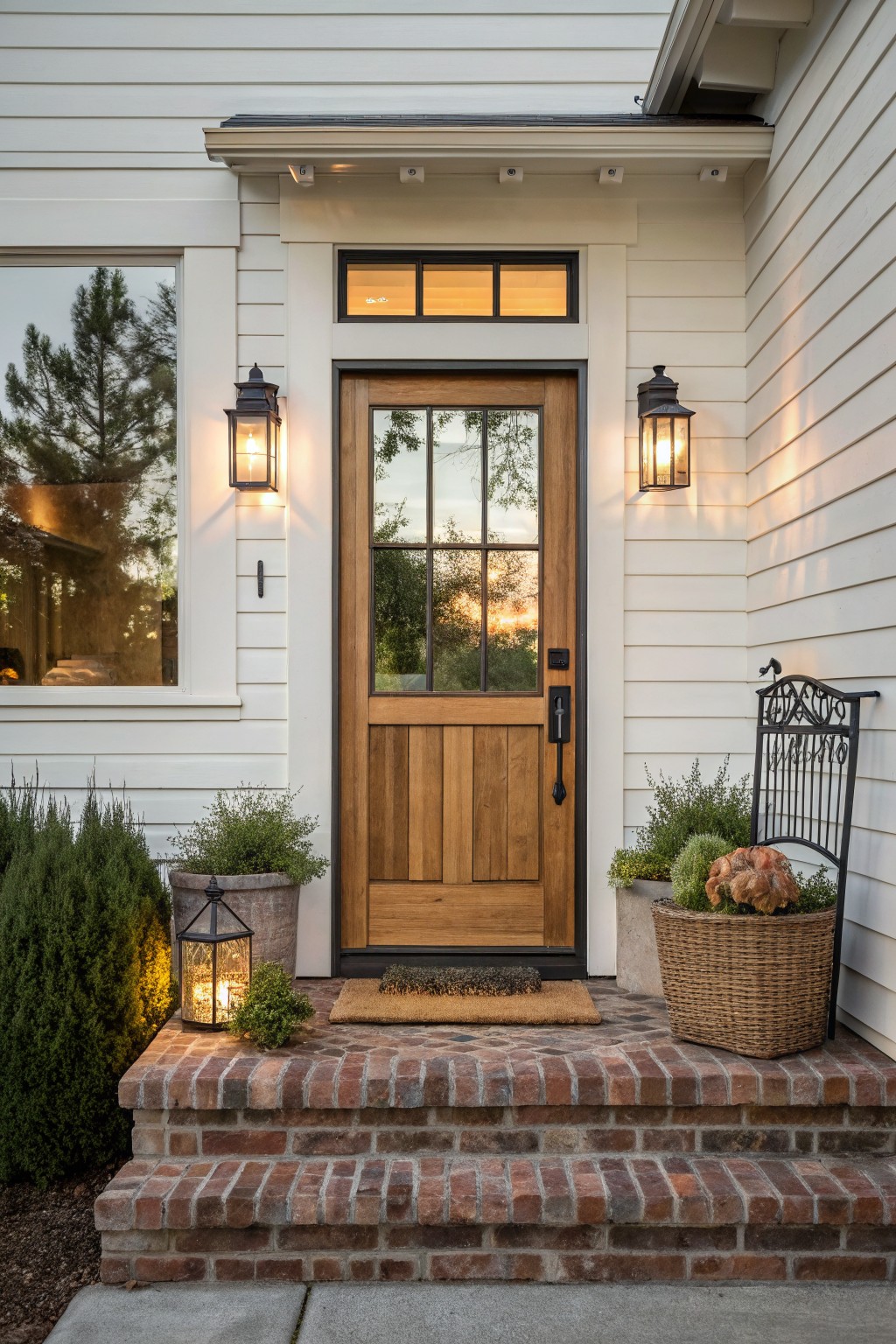 A wooden front door with black frame and divided glass panes is centered on a white house, flanked by lit black lanterns, with brick steps and potted plants at the entry.