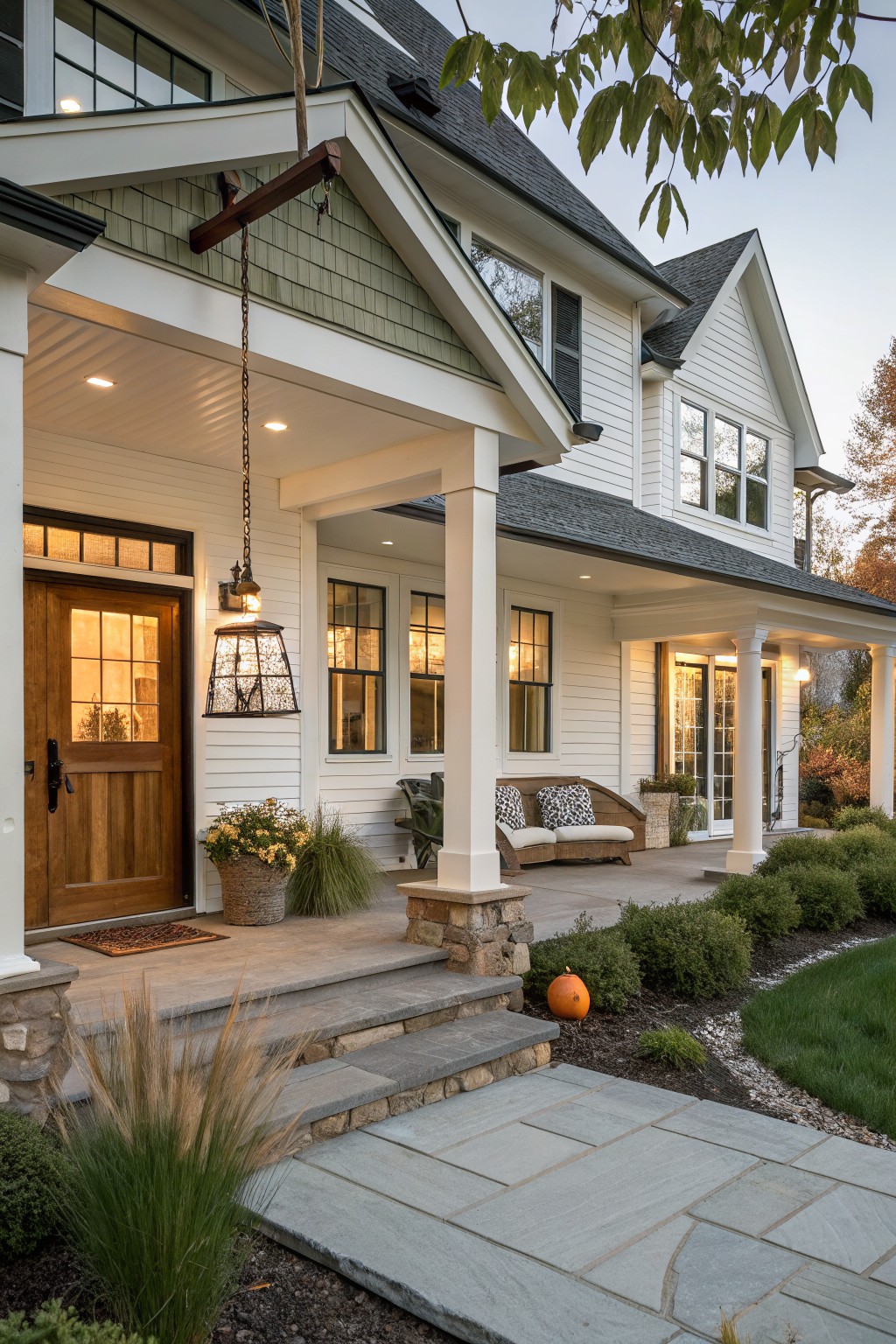 Front view of a white farmhouse exterior with green shake siding accents, a wooden front door, and a covered porch supported by white columns on stone bases.