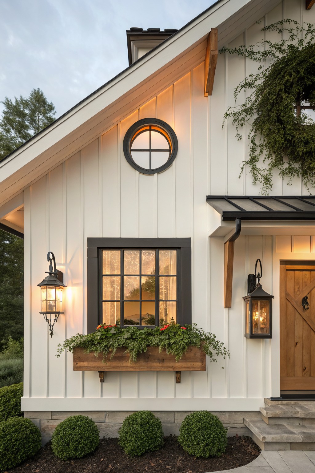 White vertical siding house exterior with dark framed rectangular and round windows, a wooden flower box, black lanterns, and a wooden front door.