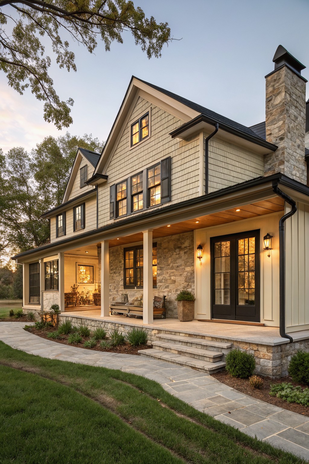 Two-story beige house with stone chimney, covered porch, and glowing windows at dusk