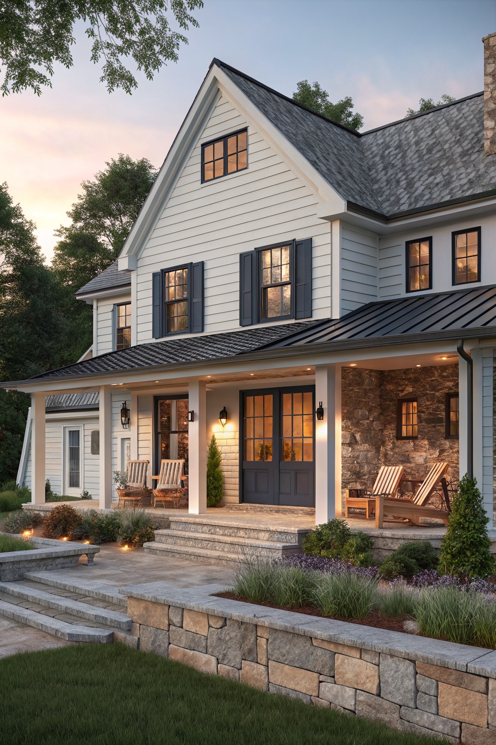 A two-story white farmhouse exterior with dark shutters, a stone porch, and double front doors at dusk.