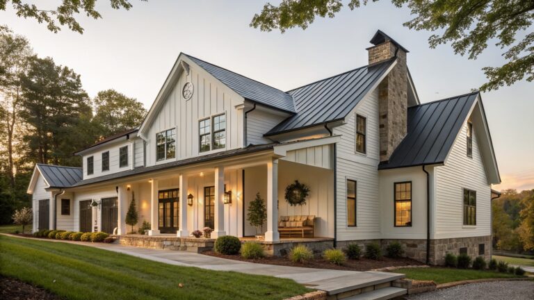 A two-story white farmhouse with vertical siding, black metal roof, covered porch with white columns, stone foundation, and a centered wooden front door with a wreath.