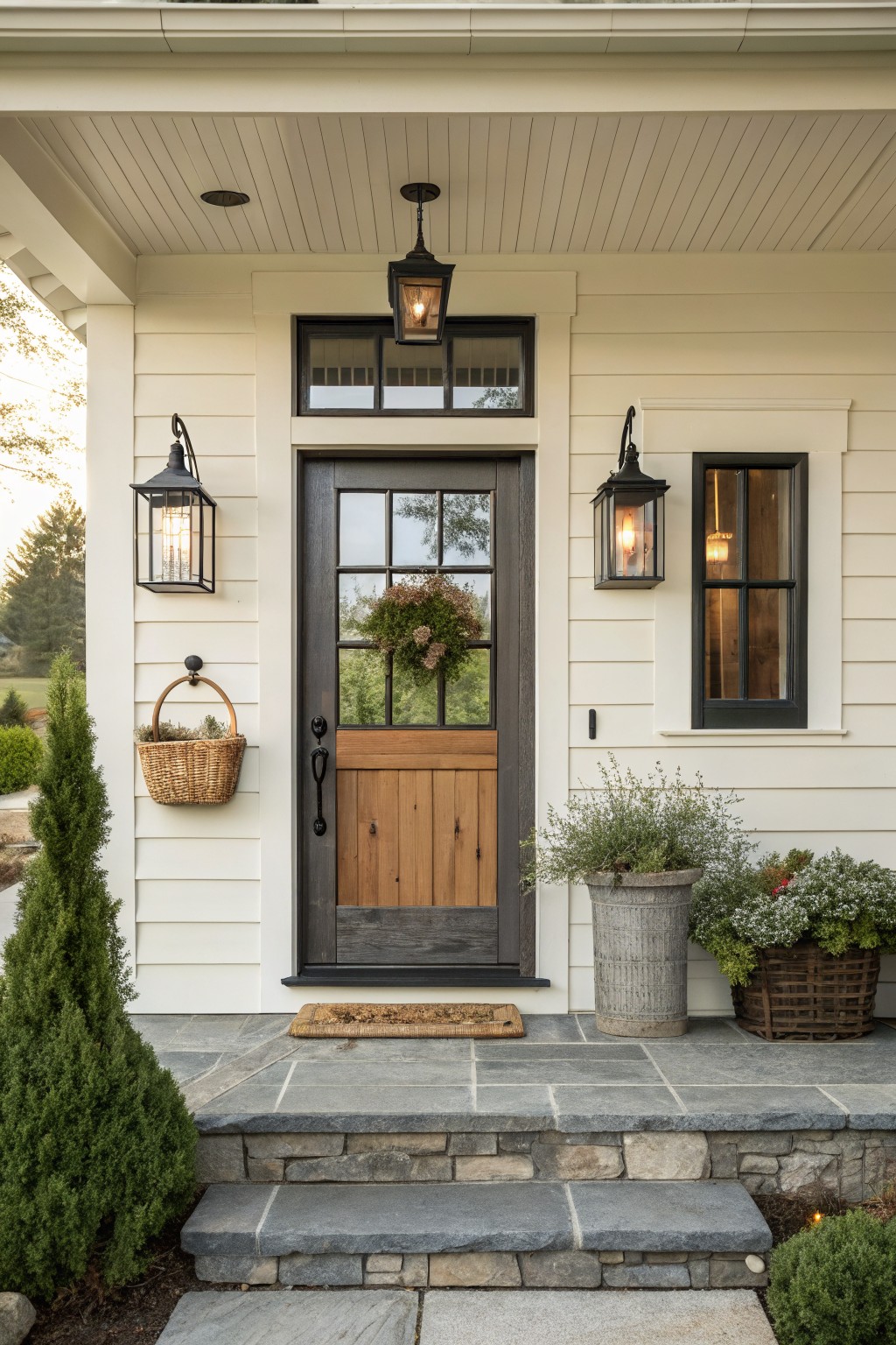 A house entry with a dark-framed door that has glass panes on top and a natural wood panel below, a transom window above the door, black lanterns on both sides, and stone steps leading up to the porch.