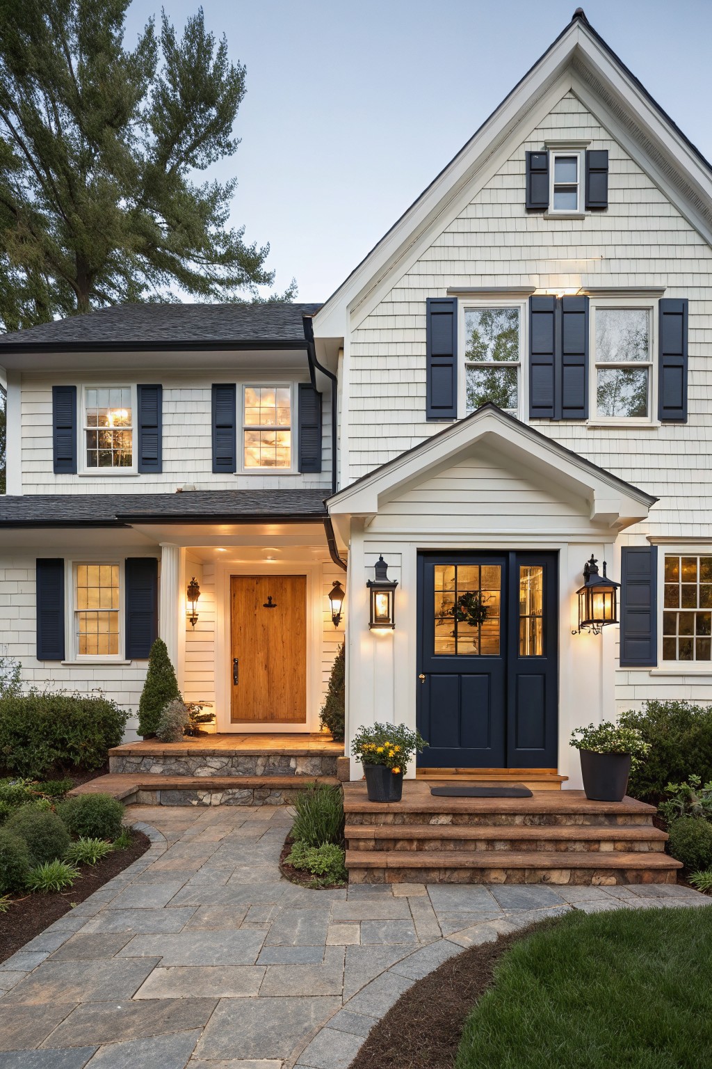 A white two-story farmhouse with dark navy shutters, a navy double door entry with a wreath, a wooden side door, stone steps, and a stone pathway.
