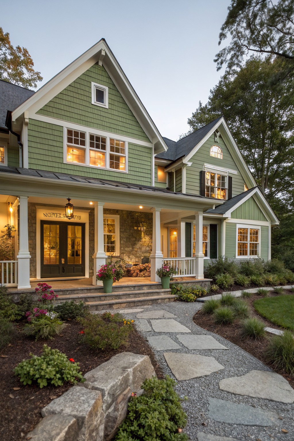 Green shingled house with white trim, lit windows, and stone walkway