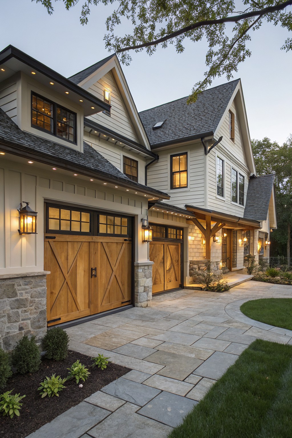 A two-story farmhouse exterior with white siding, dark trim, wooden garage doors featuring X-bracing, and stone accents around the entry and garage base.