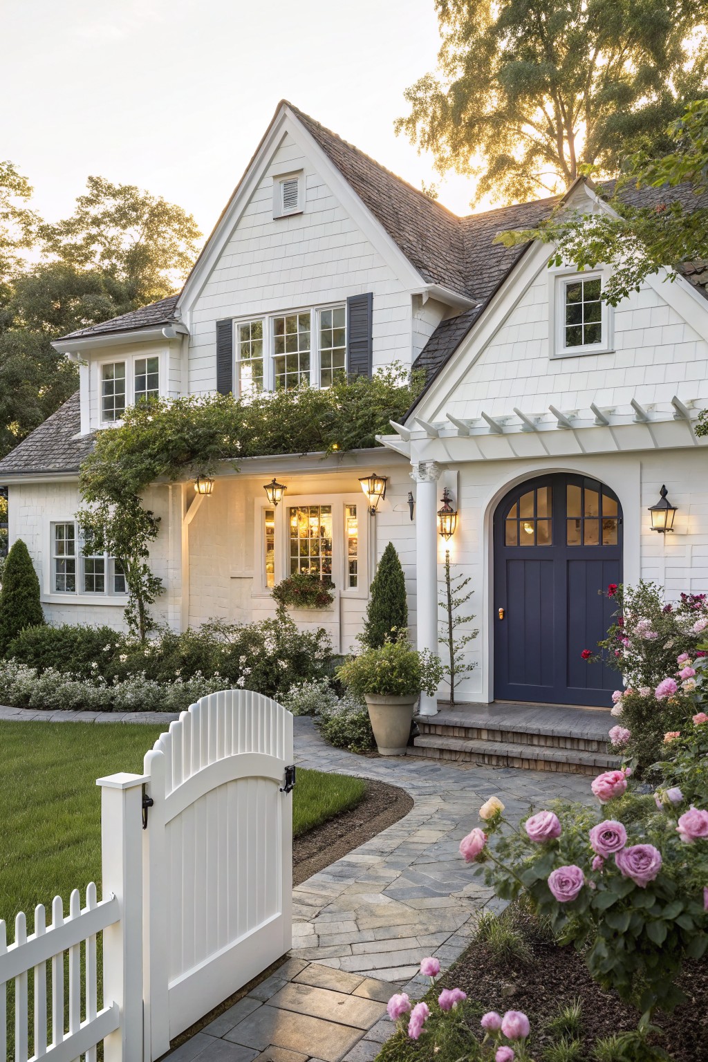 White farmhouse exterior with a dark blue arched front door, white trim, a white picket gate, and a stone pathway lined with flowers.
