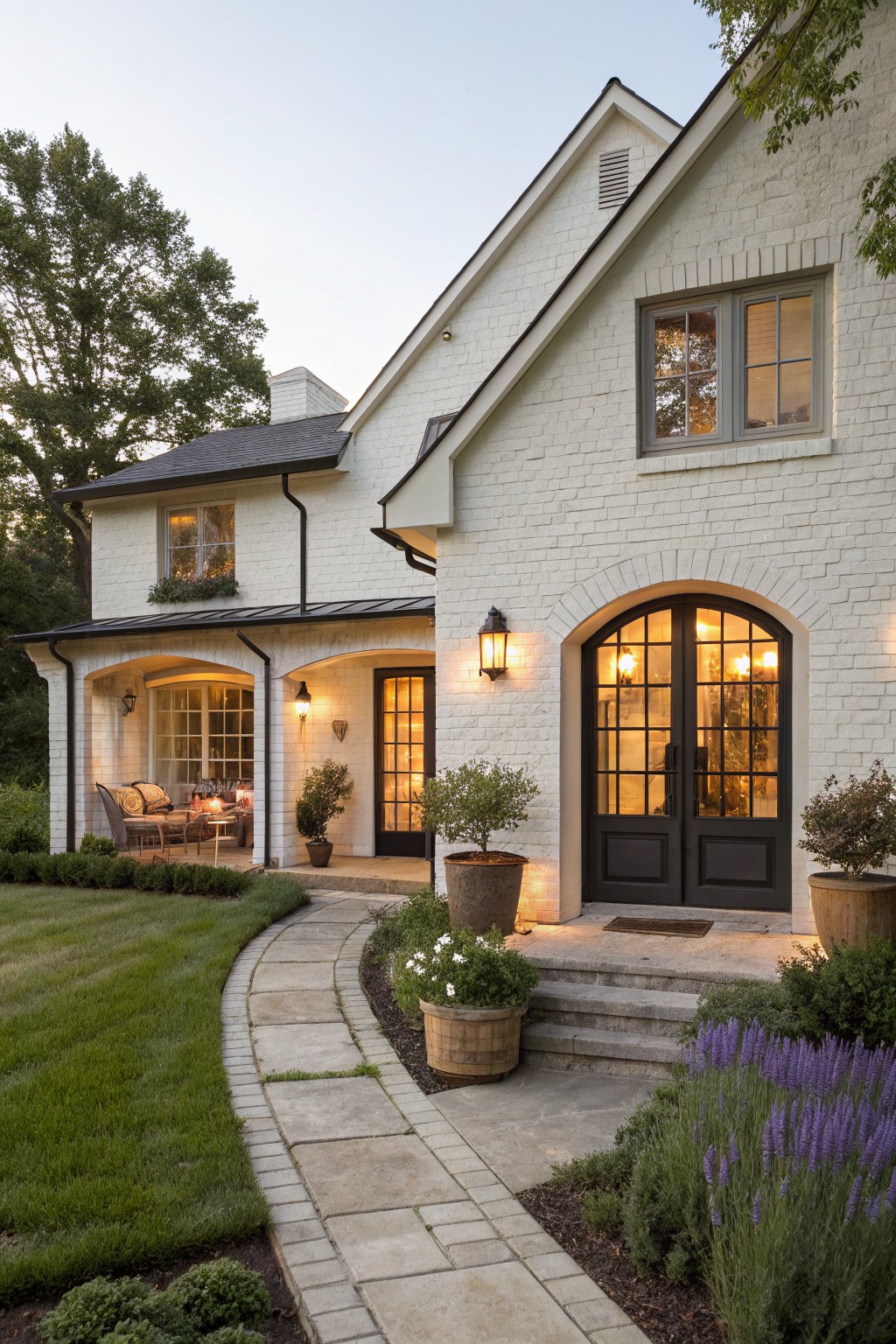 A white brick farmhouse exterior with dark double doors under an arch, dark window trim, a stone pathway, and potted plants along the front.