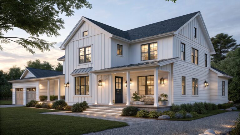 A white two-story farmhouse with a dark blue front door, gray shutters, white trim, and a covered porch.