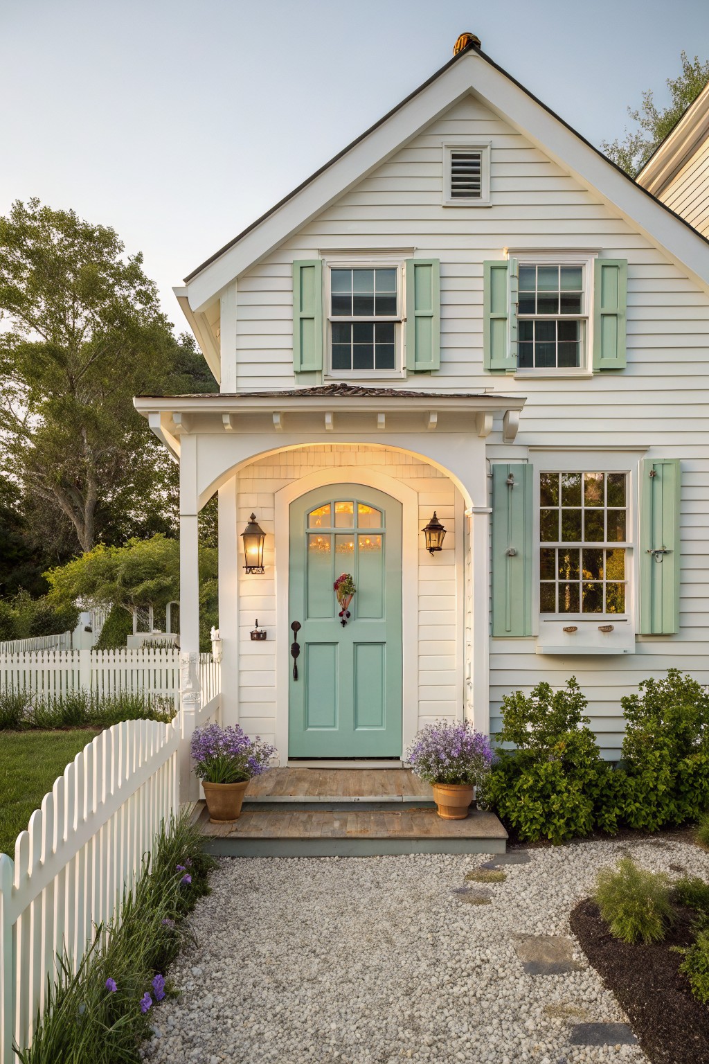 A white farmhouse exterior with a mint green door, matching shutters, and a covered entry porch.