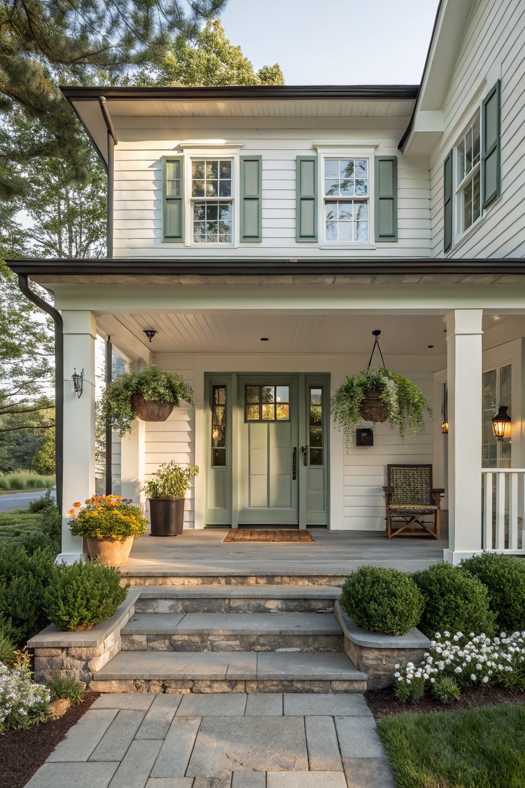 A white two-story farmhouse with sage green doors, shutters, and porch ceiling, featuring a covered entry porch, stone steps, hanging plants, and landscaping in the foreground.