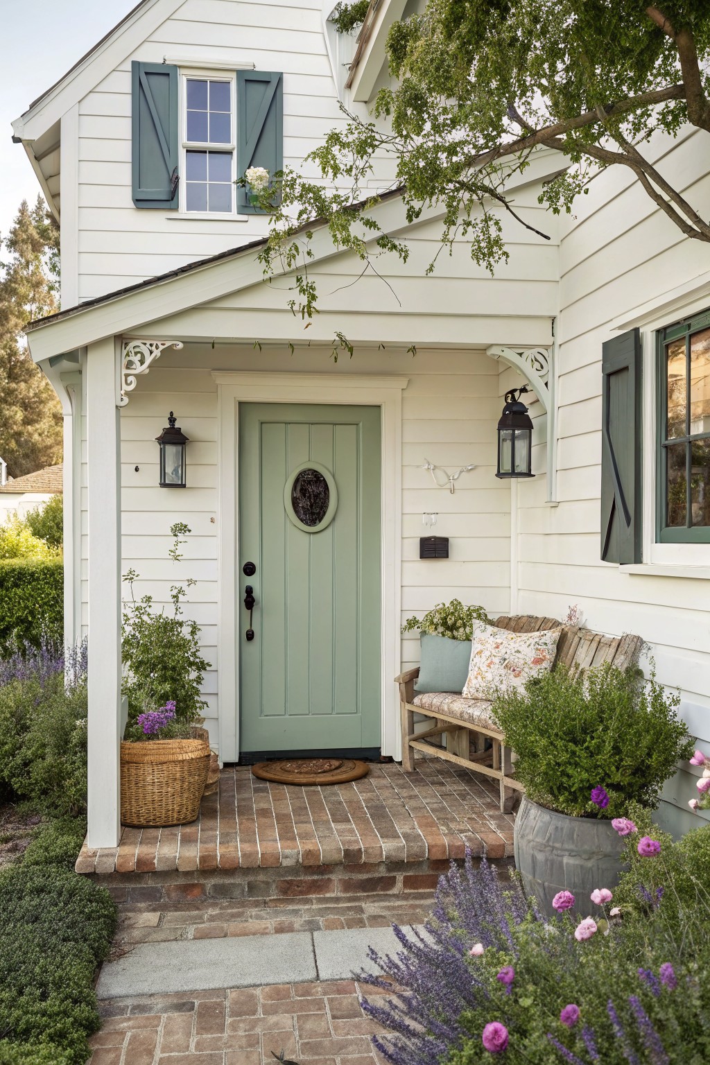A white farmhouse with a light green front door, matching shutters, brick porch, and surrounding plants.