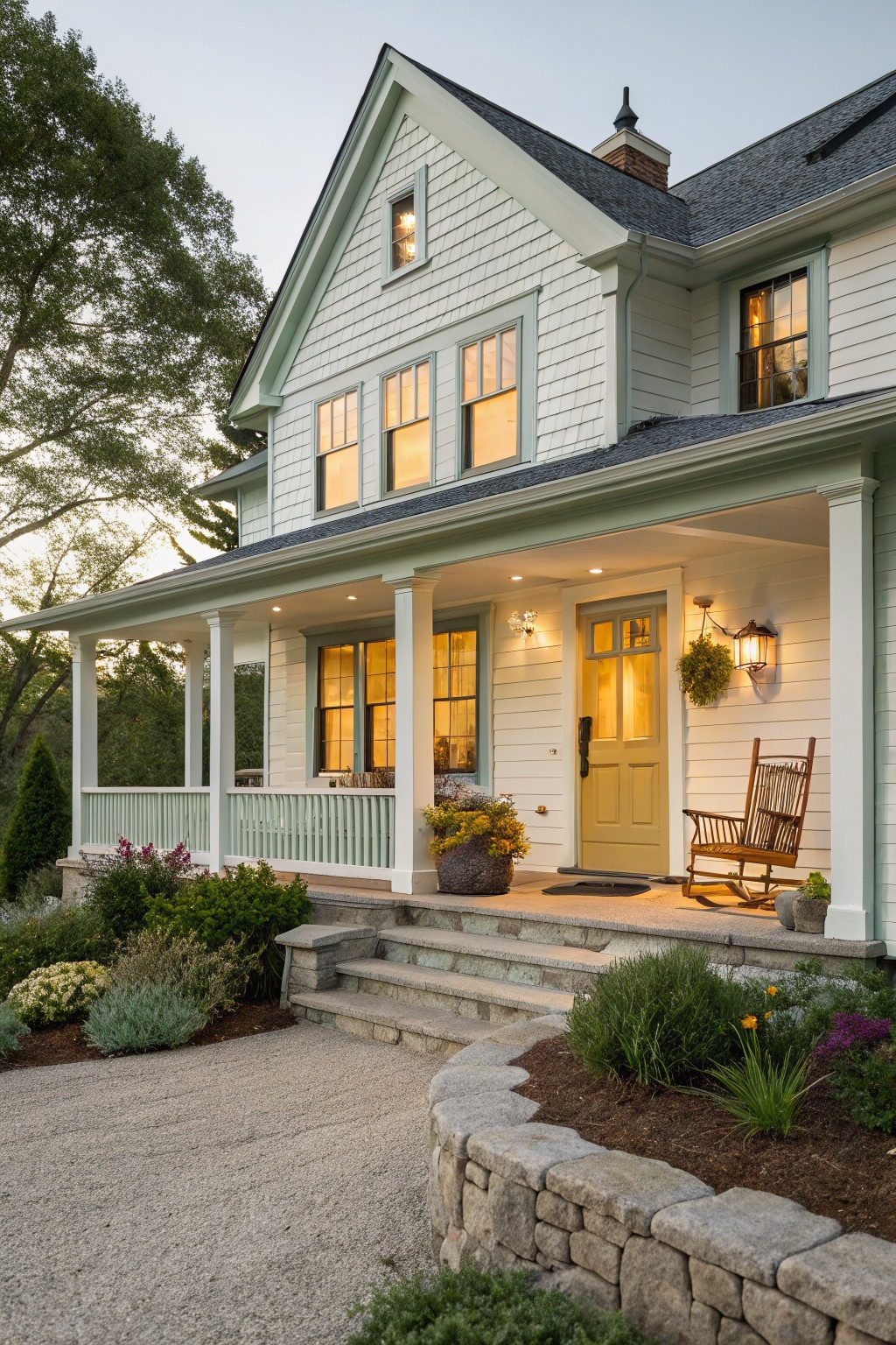 A white farmhouse exterior with light green trim, a yellow front door, and a covered porch with a rocking chair.