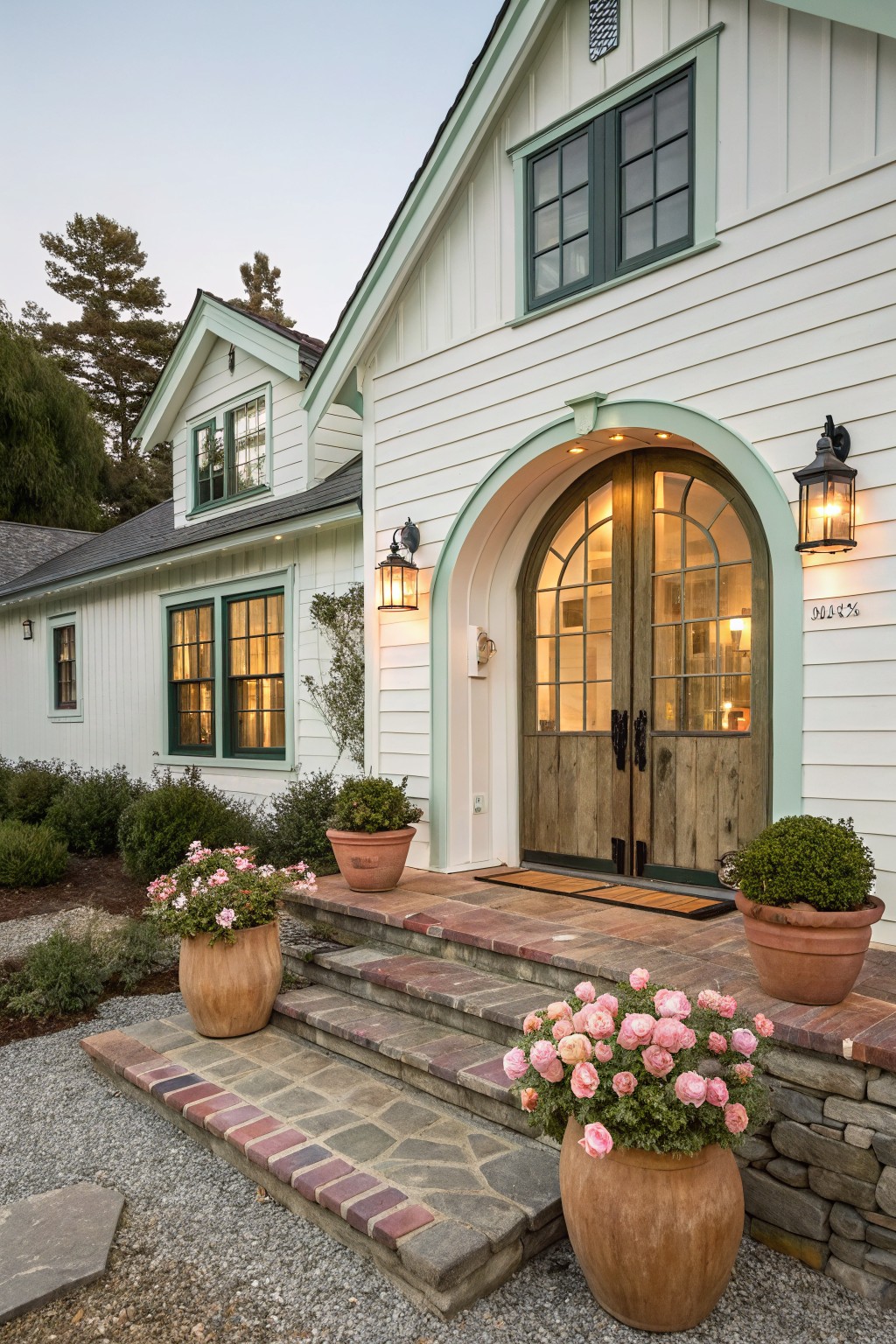 White house with green trim, arched wooden doors, lanterns, and pink rose pots on steps