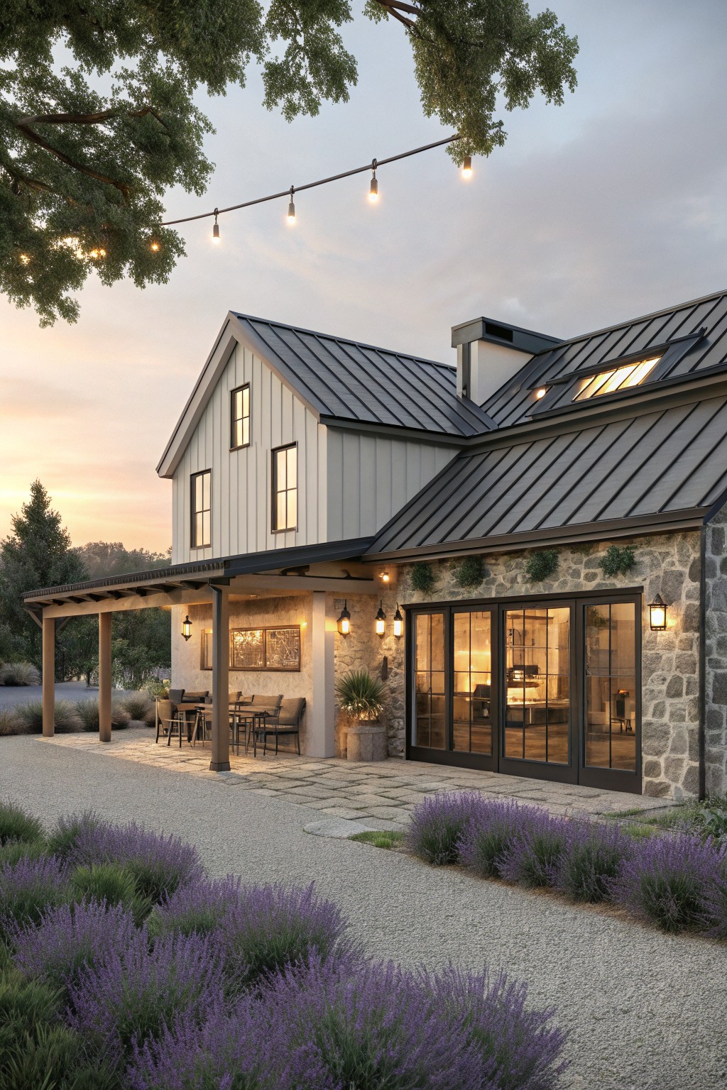 White farmhouse exterior with vertical siding, dark metal roof, stone accents, and large glass doors opening to an outdoor seating area with lavender landscaping in front.