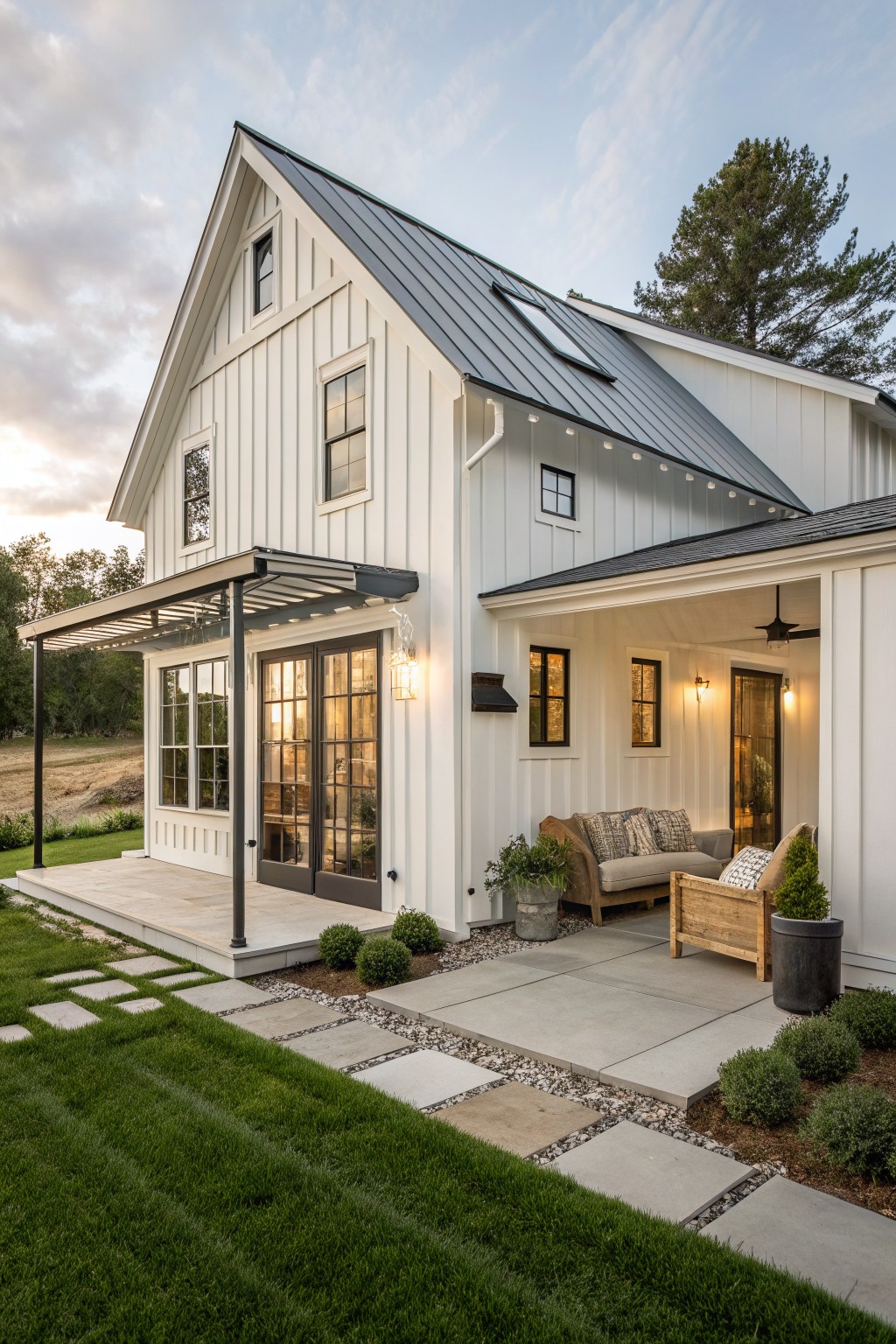 White farmhouse exterior with vertical siding, dark metal roof, multiple windows, and a covered entry porch.