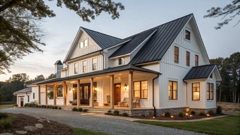 22 White Farmhouse Exterior Ideas With Metal Roofs for a Modern Rustic Edge White modern farmhouse with black roof, stone porch columns, and glowing lights