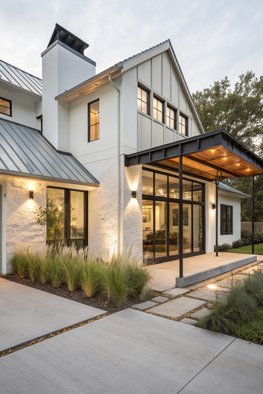 Modern white house with black trim, metal roof, and lit covered porch at dusk.