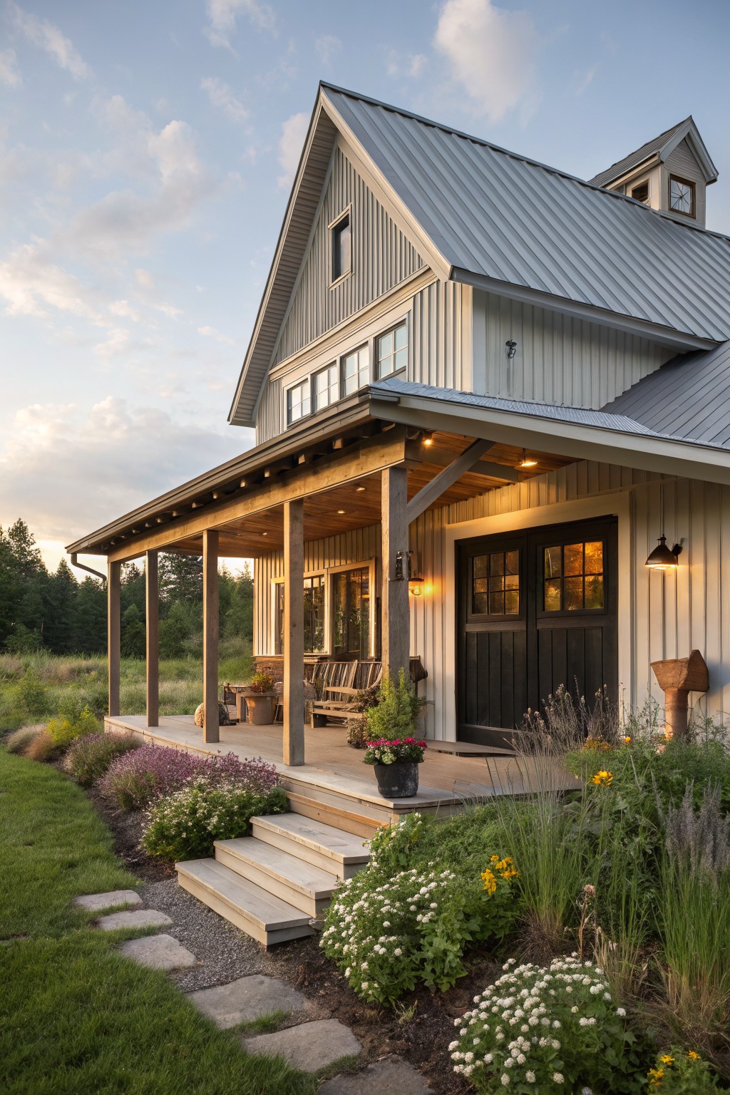 A white farmhouse with gray metal roofing, a covered porch, dark double doors, and flower beds along the front steps.