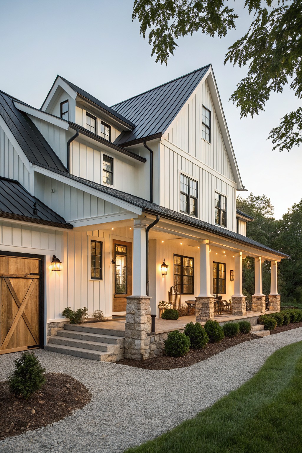White modern farmhouse with black roof, stone porch columns, and glowing lights
