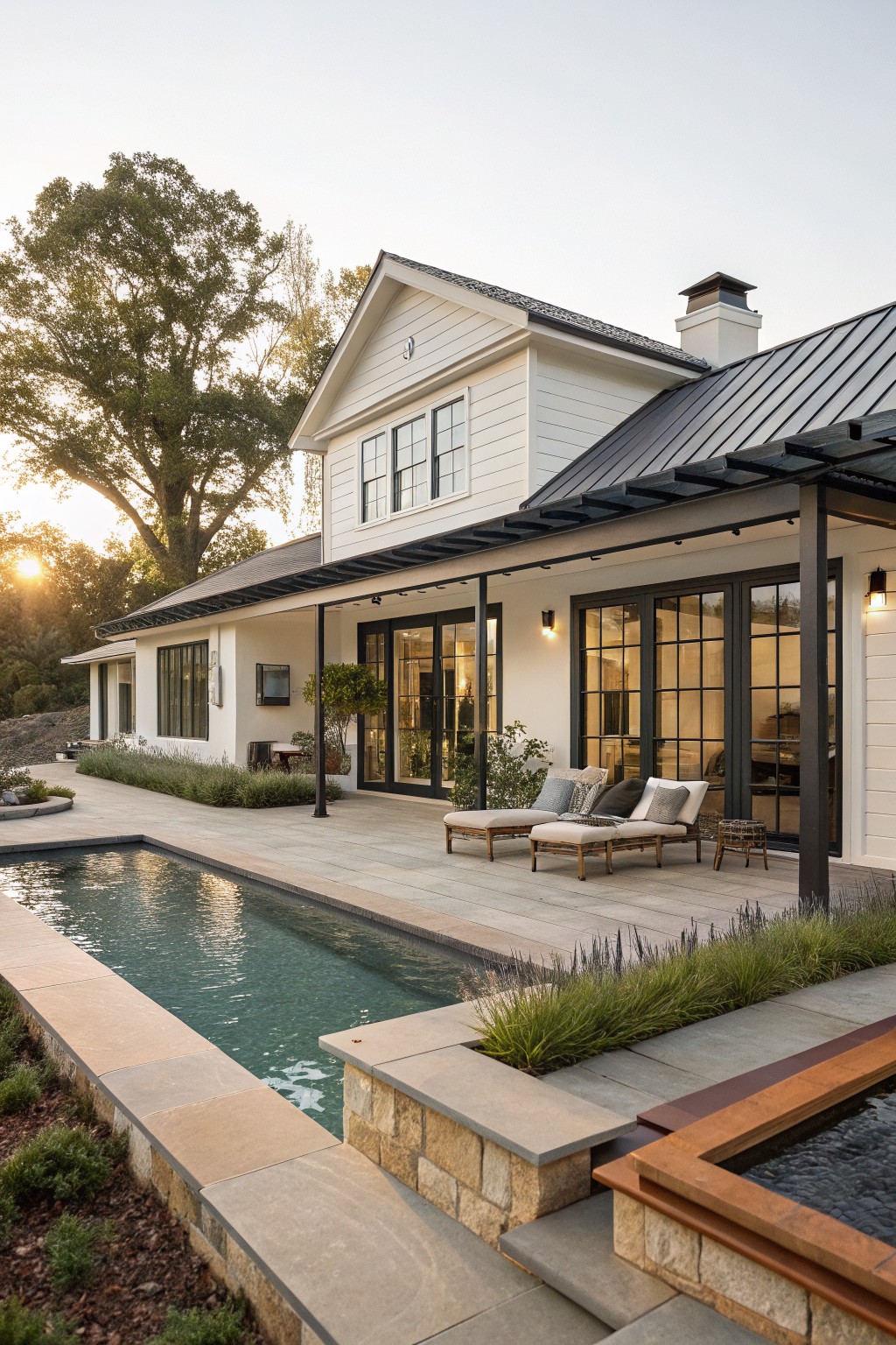 A white farmhouse exterior with a dark metal roof, black-framed windows, and a poolside patio with lounge chairs.