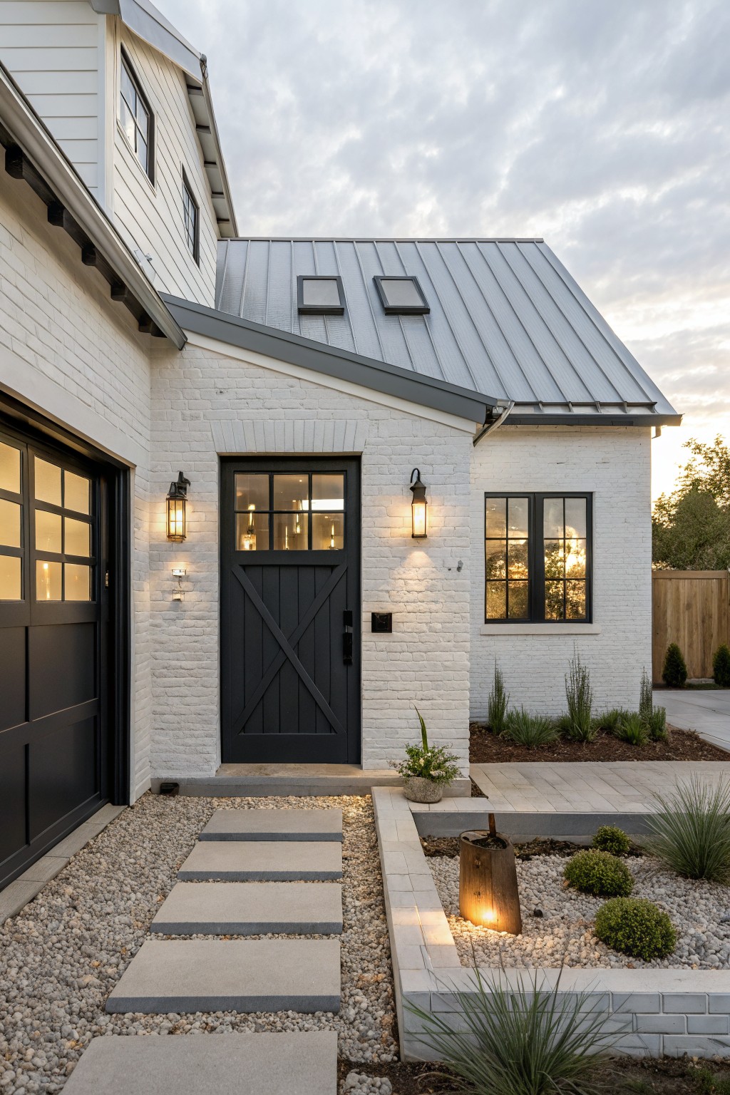 A white brick house exterior featuring a gray metal roof, black front door, and black window frames with a gravel path leading to the entrance.