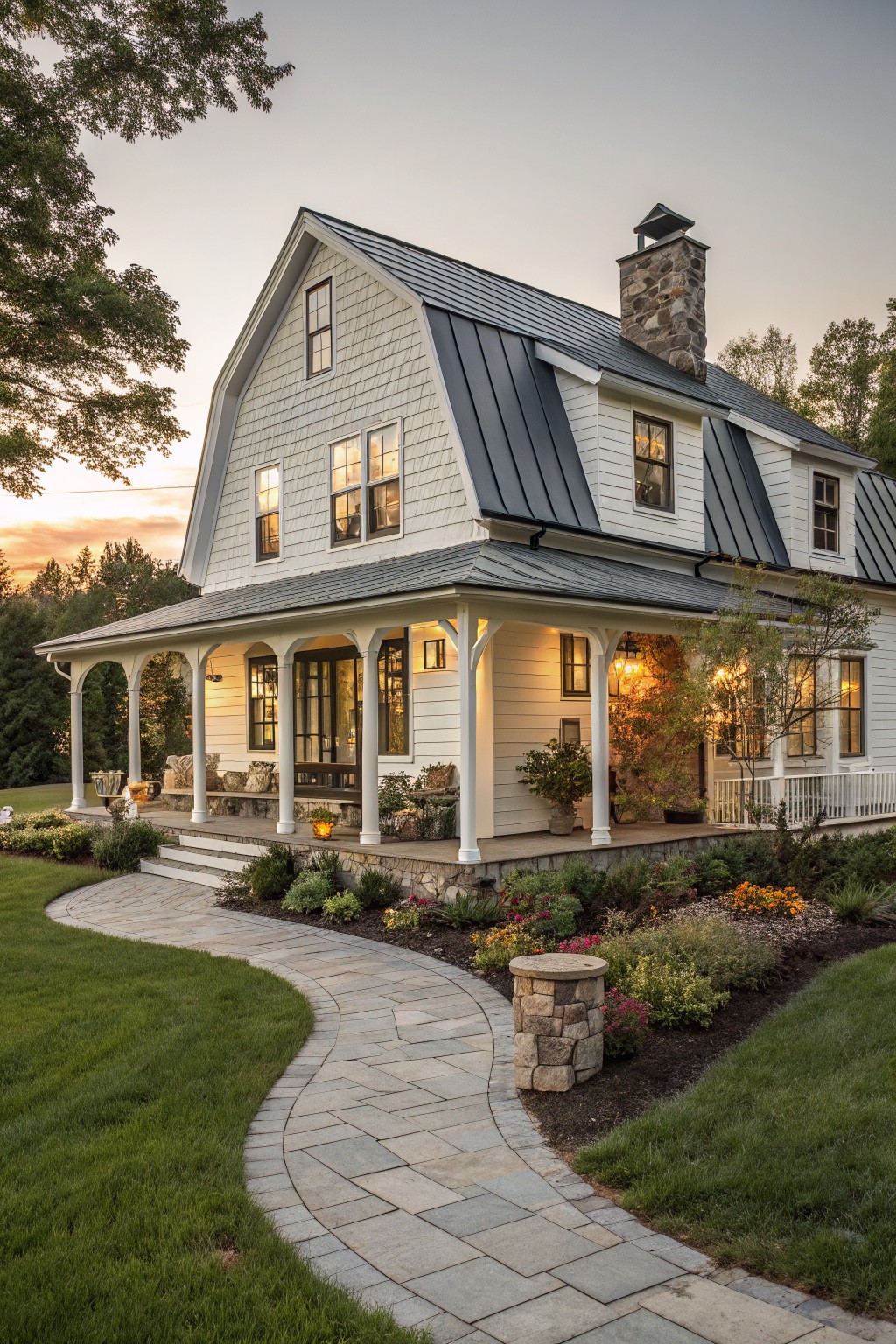 A white two-story farmhouse with a dark metal roof, stone chimney, and wrap-around porch surrounded by a stone walkway and garden beds.
