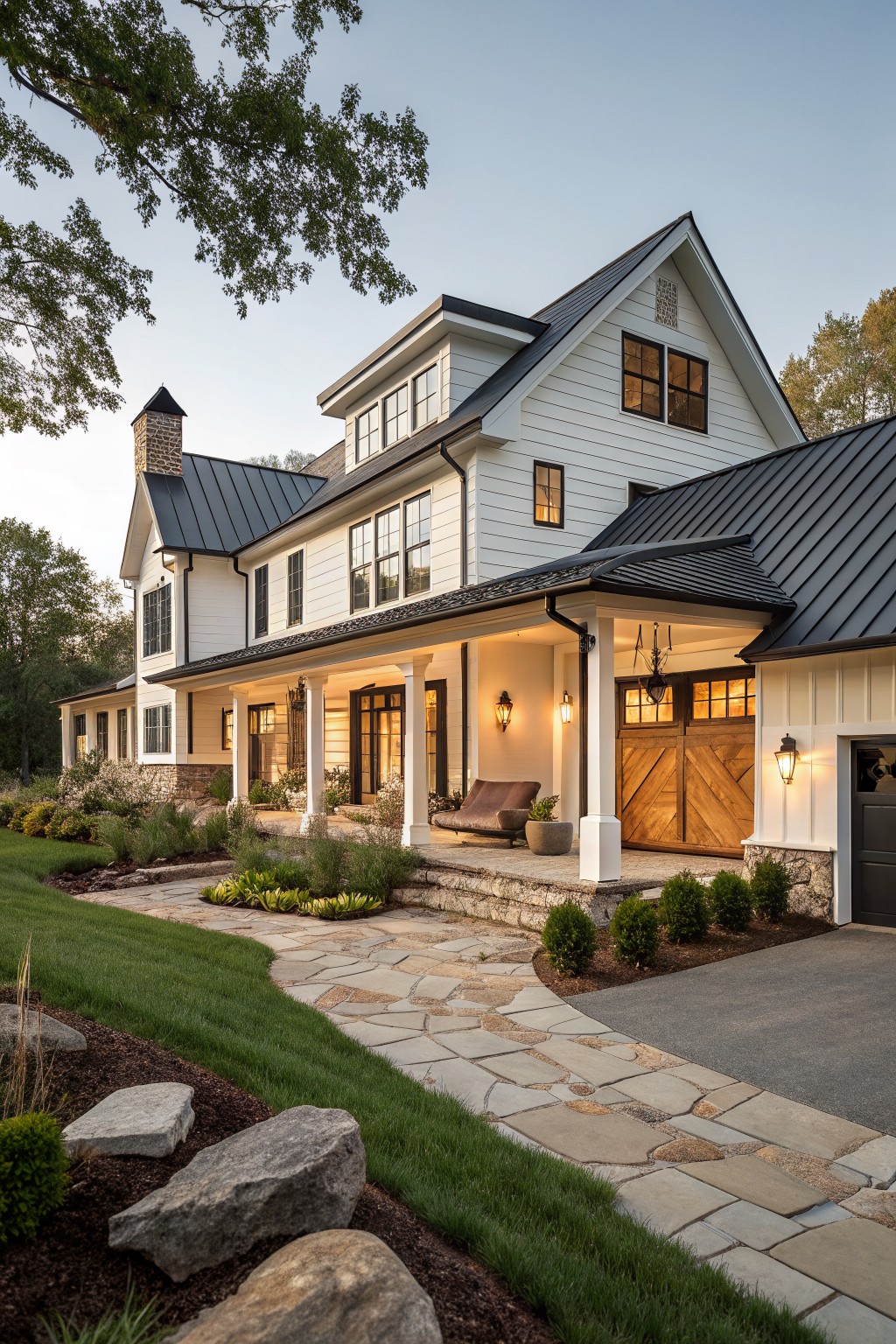 A white two-story farmhouse with a dark metal roof, stone accents, a covered front porch, and a stone pathway in the foreground.