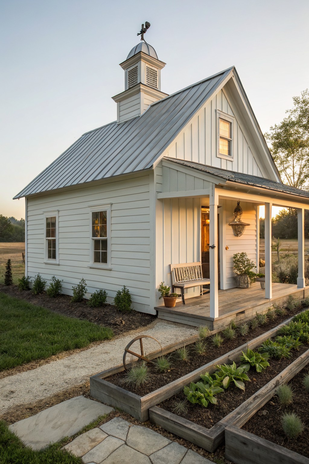 A white wooden farmhouse with a gray metal roof, a small cupola, and a front porch, shown with raised garden beds in the foreground.