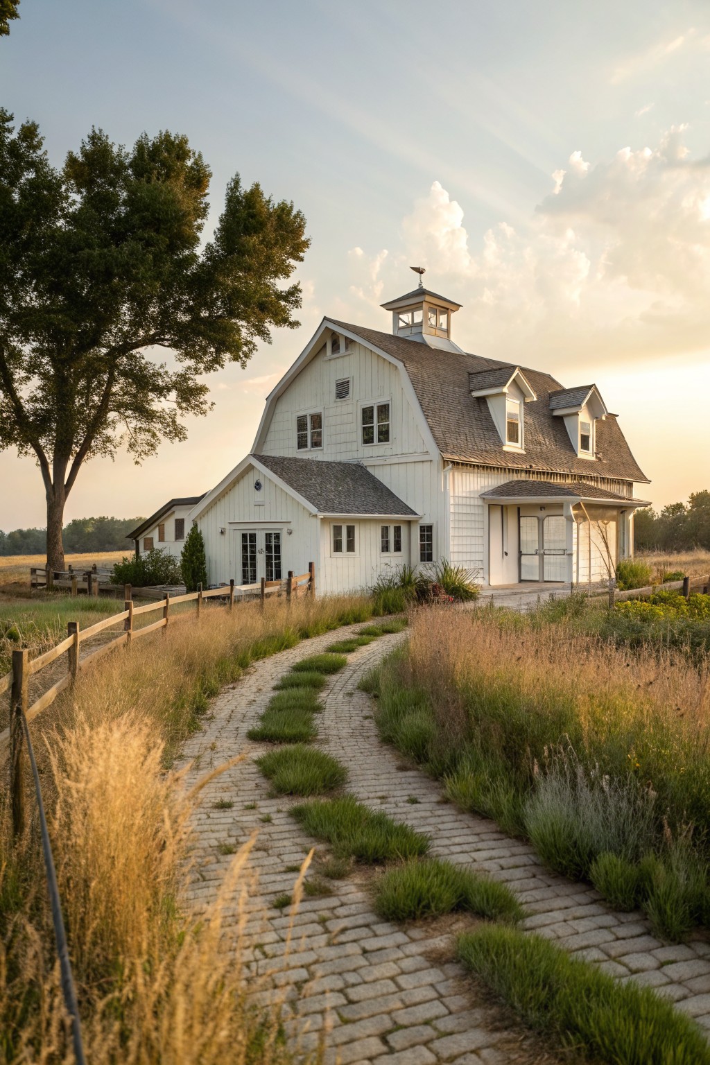A white barn-style farmhouse with dark shingles and a centered cupola sits at the end of a brick path bordered by tall grass and wildflowers.