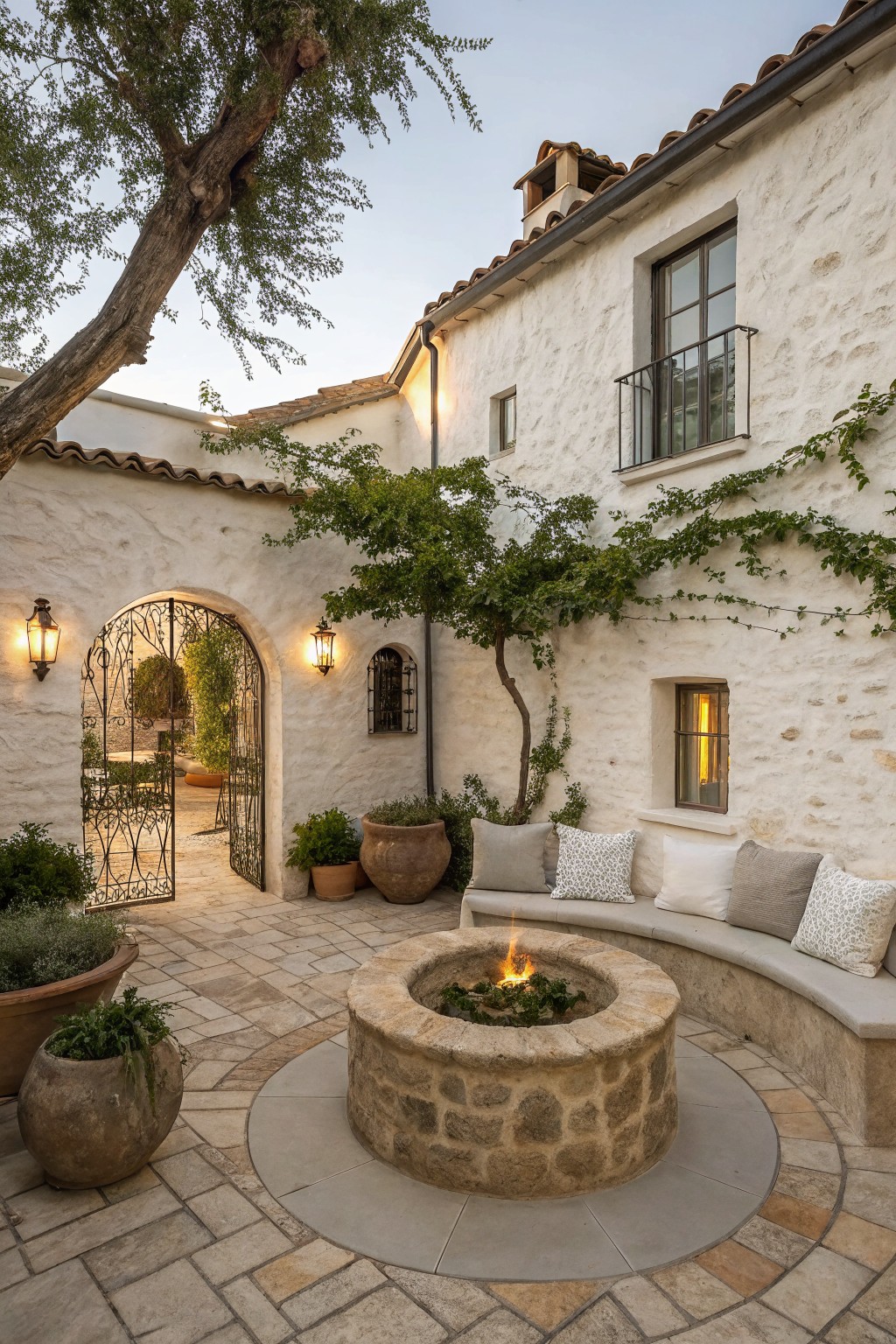 A round stone fire pit with a lit fire in a paved courtyard, surrounded by a curved built-in bench with pillows against white stucco walls.