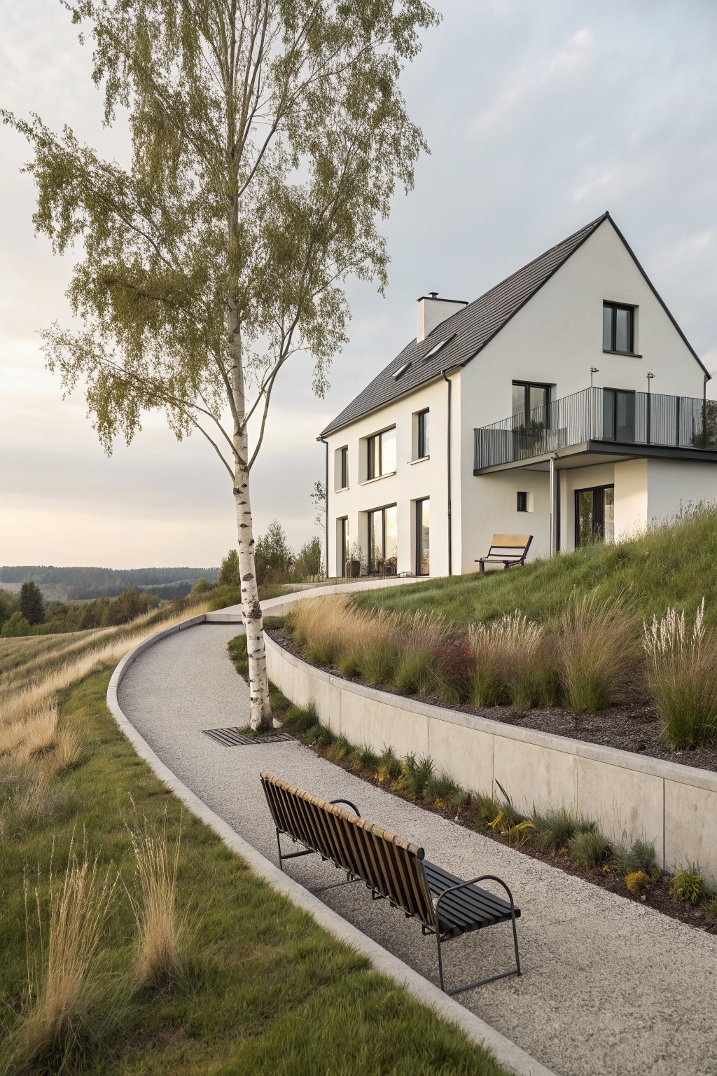 A white modern farmhouse with dark trim sits on a grassy slope beside a curved gravel path edged by a concrete retaining wall and wooden benches.