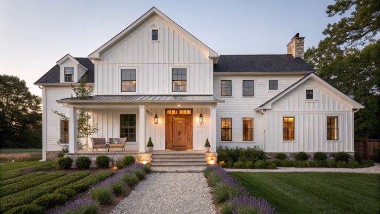 A white two-story farmhouse with a gabled front porch supported by white columns, stone steps, and a wooden front door.