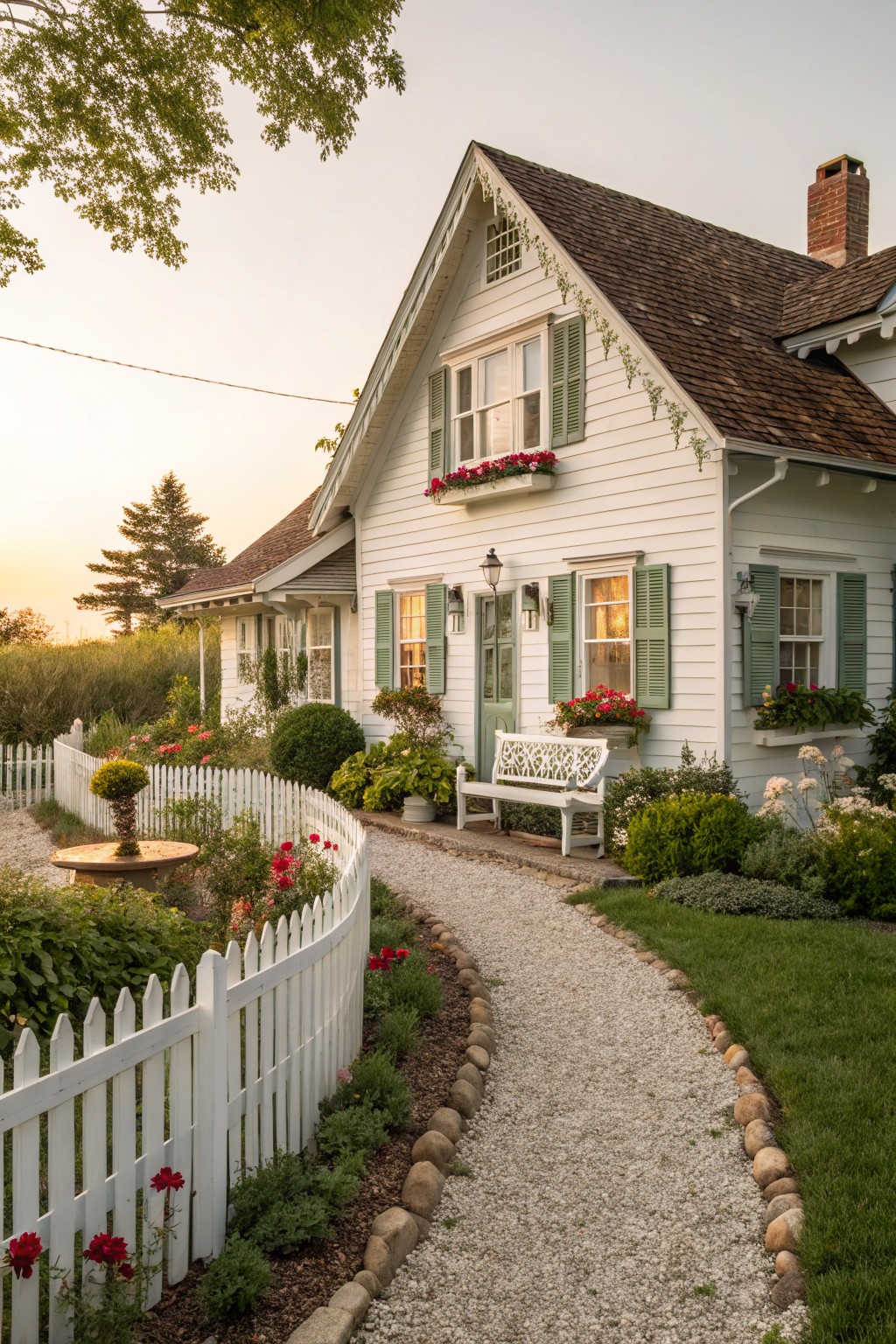 White cottage with green shutters, flower boxes, bench, and gravel path.