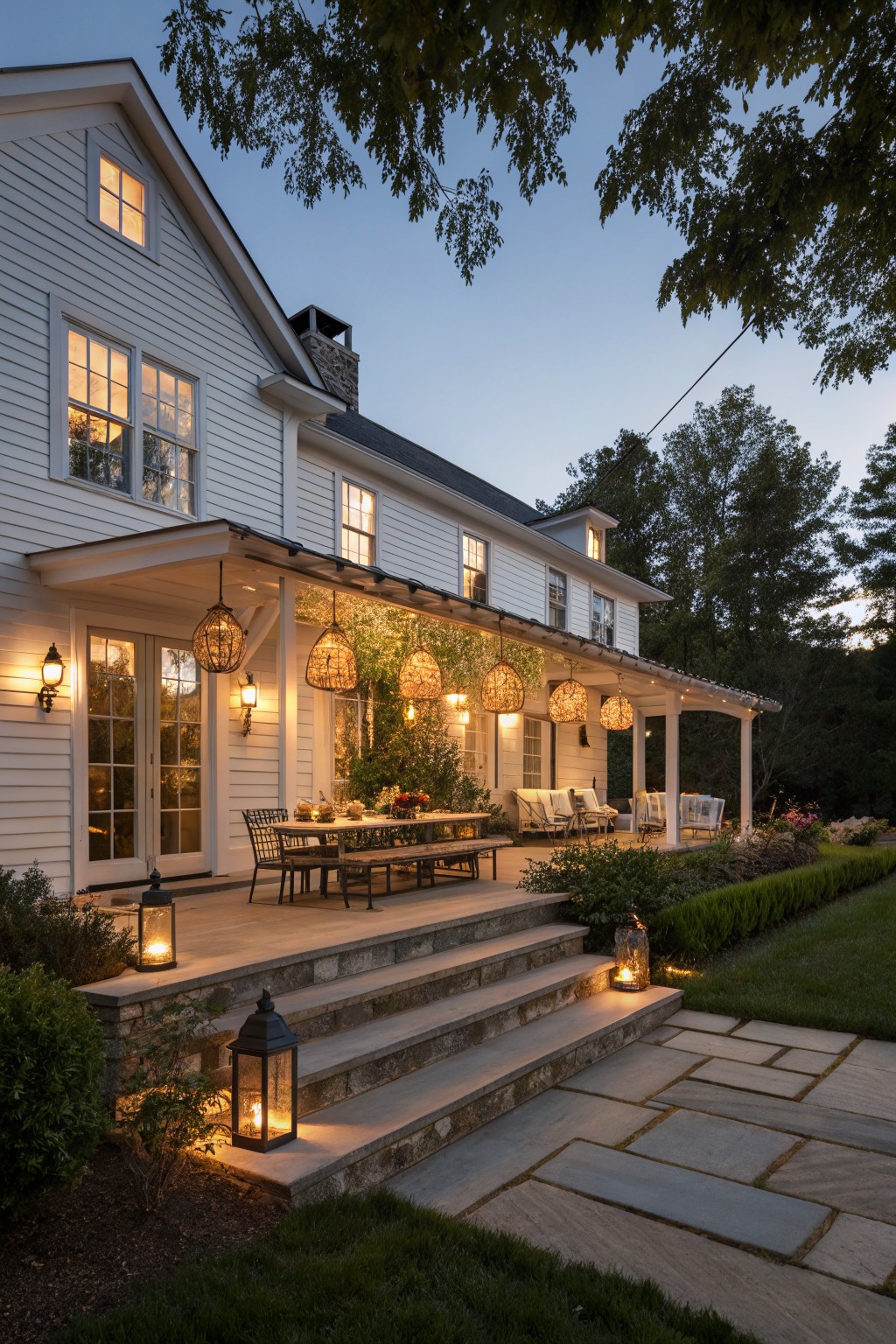 White house porch with glowing lanterns, dining table, and stone steps at dusk.