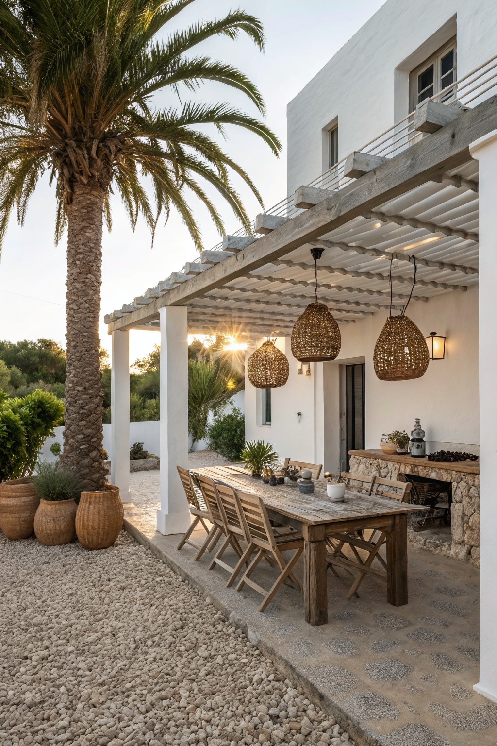 A rustic wooden dining table and chairs sit under a white pergola on a gravel and stone patio next to a white house, with woven pendant lights overhead.