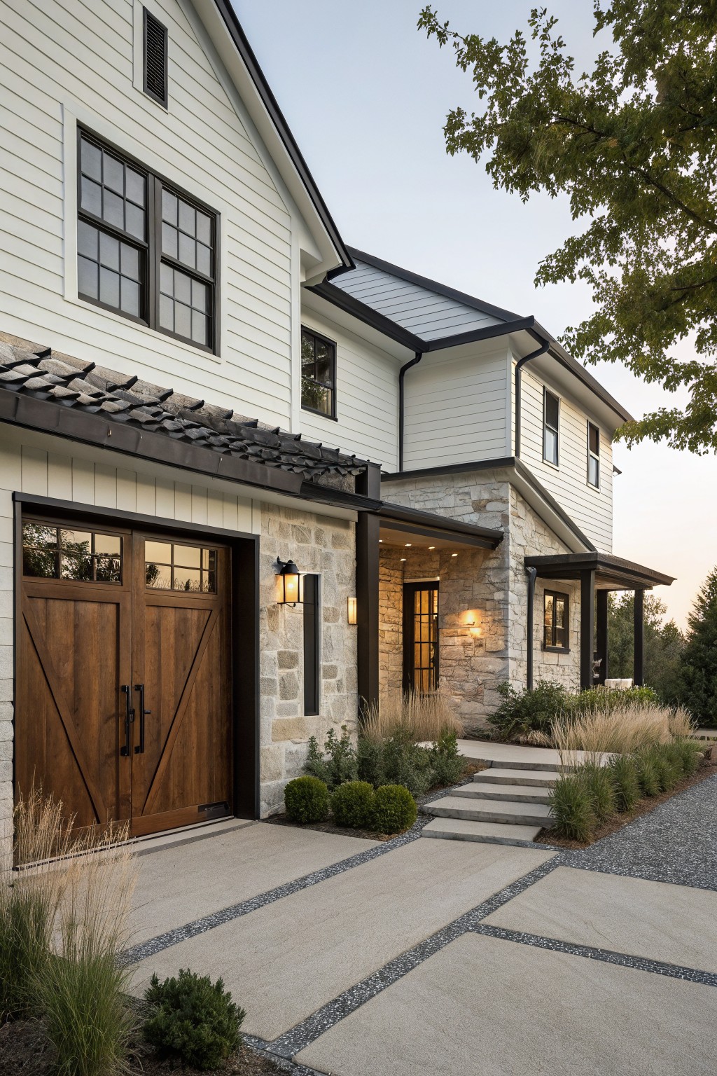A white two-story farmhouse with dark trim, wooden garage doors, stone around the entry, and a concrete driveway.