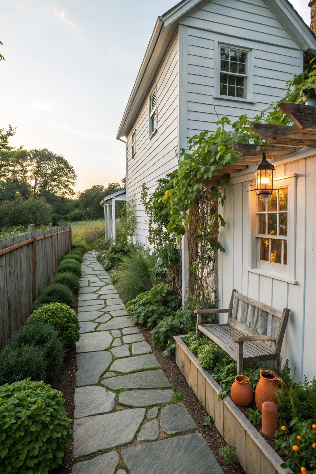 A white wooden farmhouse exterior with an irregular flagstone path running alongside it, bordered by shrubs, climbing vines, and a wooden bench with clay pots under the windows.
