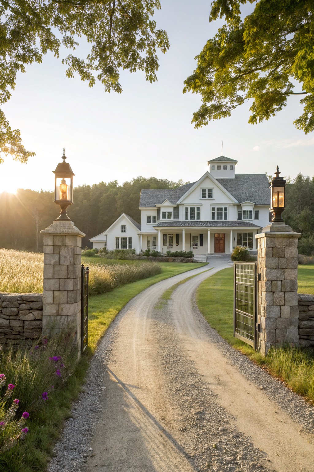 A white farmhouse at the end of a long gravel driveway framed by stone pillars with lanterns and an open metal gate.