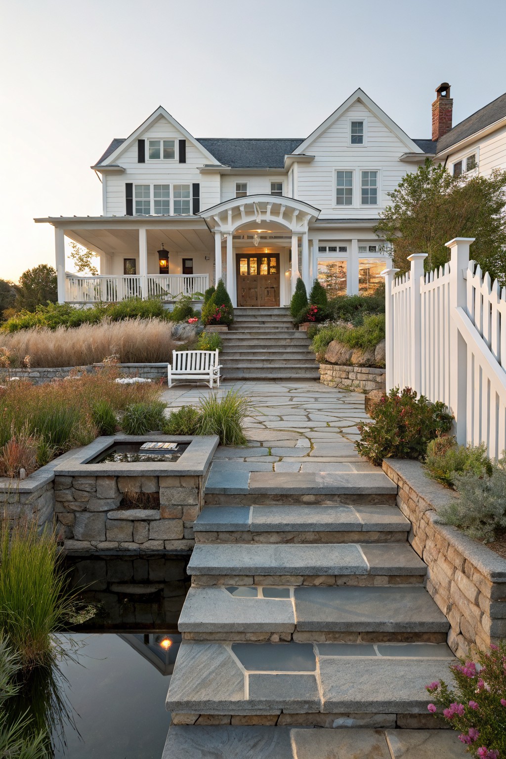 A white farmhouse with a large stone staircase and flagstone path leading to the front porch, bordered by landscaping and a white picket fence.