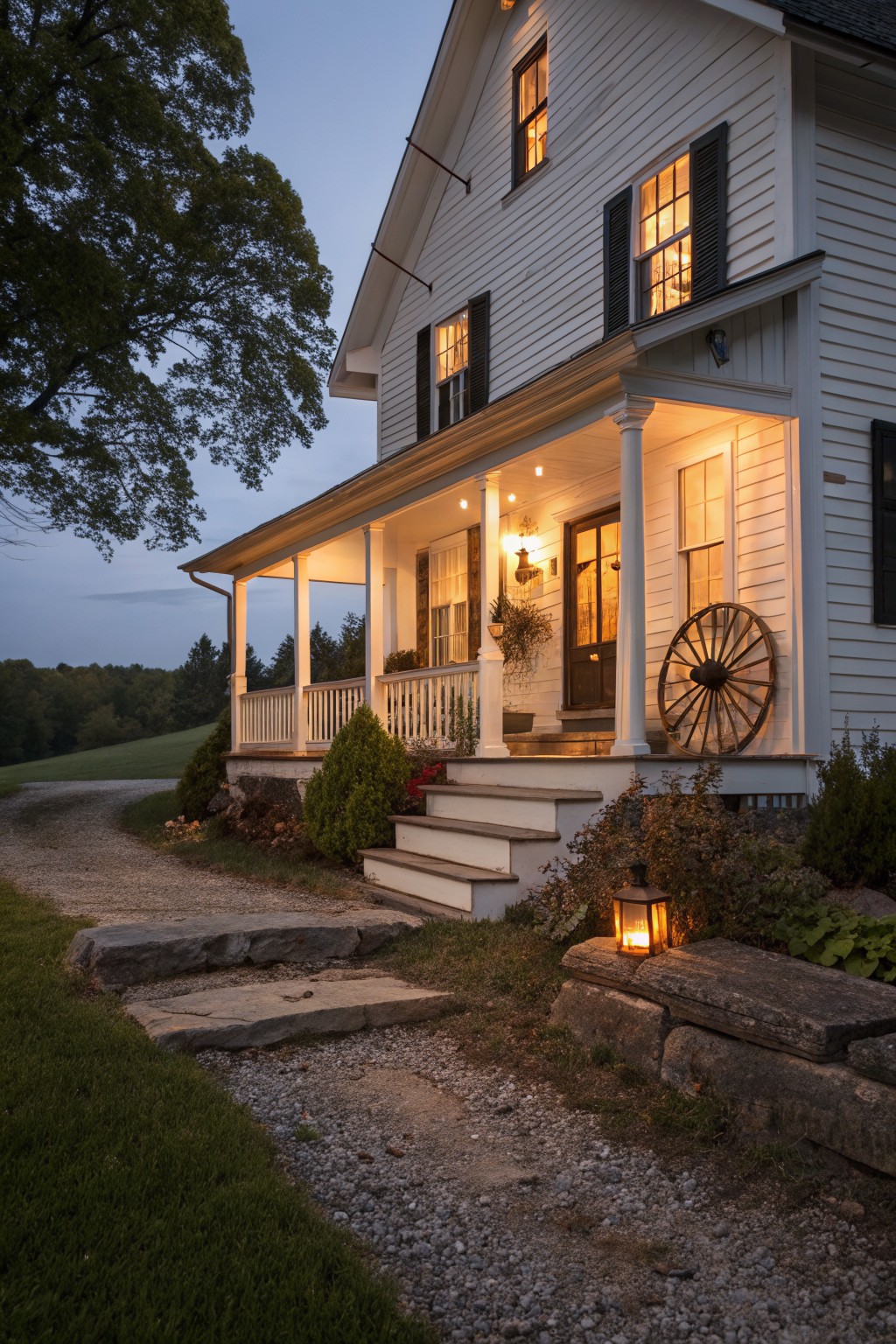 A white two-story farmhouse with black shutters, a covered front porch, and stone steps leading up from a gravel path at dusk.