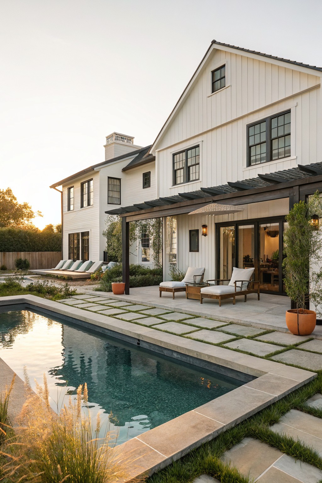 A white farmhouse exterior with black-framed windows, a stone patio, and a long rectangular pool bordered by grass and pavers.